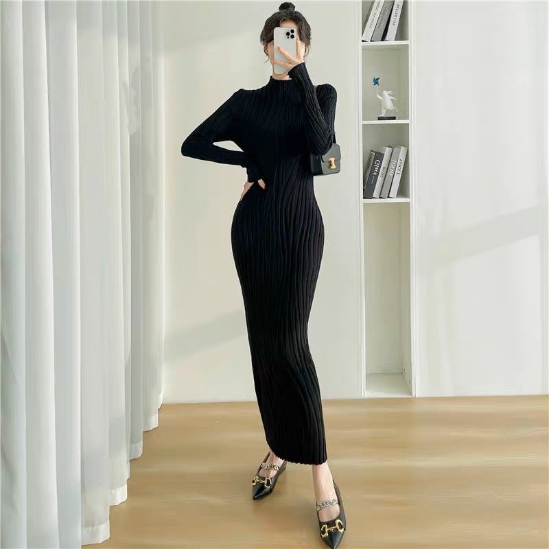 Long Knitted dress Womens Autumn and Winter Tight Hip Base Shirt Half-high Neck Inner Knitted Sweater Over-the-knee Long Skirt Khaki - Image 3