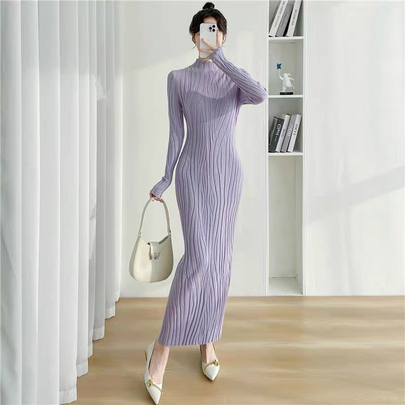 Long Knitted dress Womens Autumn and Winter Tight Hip Base Shirt Half-high Neck Inner Knitted Sweater Over-the-knee Long Skirt Khaki - Image 2