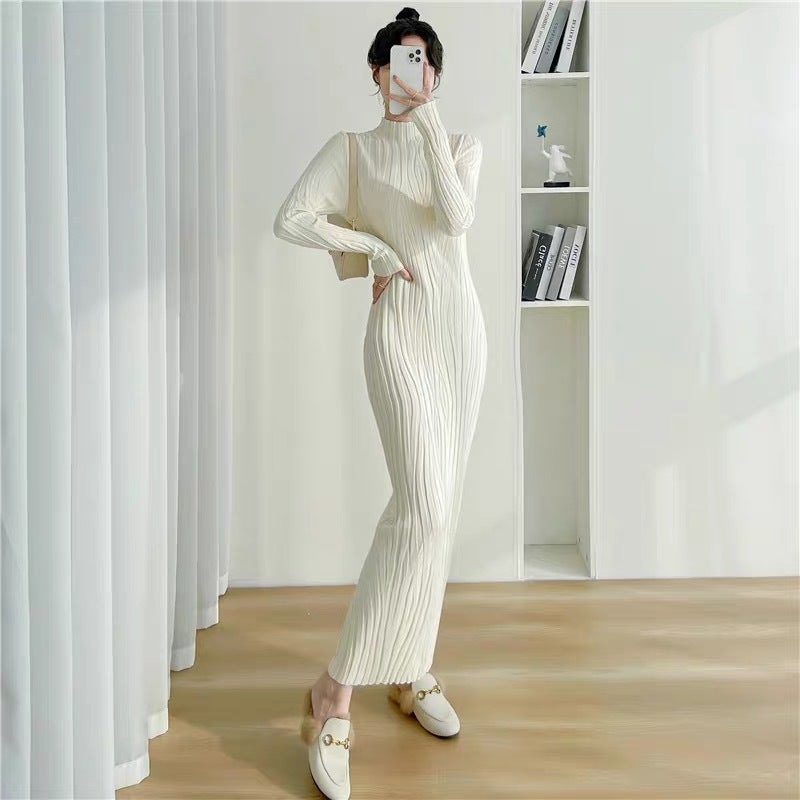 Long Knitted dress Womens Autumn and Winter Tight Hip Base Shirt Half-high Neck Inner Knitted Sweater Over-the-knee Long Skirt Khaki - Image 4