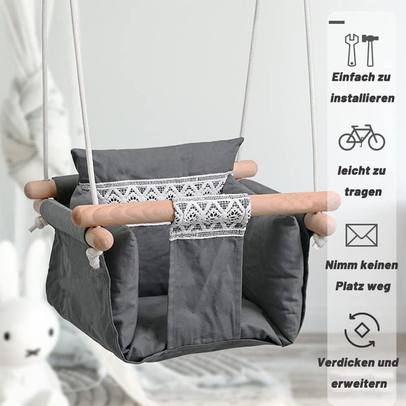LOOKMINT Secure Baby Hanging Swing Seat Chair for Toddler Baby Swings for Infants Indoor Outdoor Hammock Toy Canvas Toddler Swing with Soft Backrest Cushion and PE Rope Baby Hammock Chair Grey - Image 3