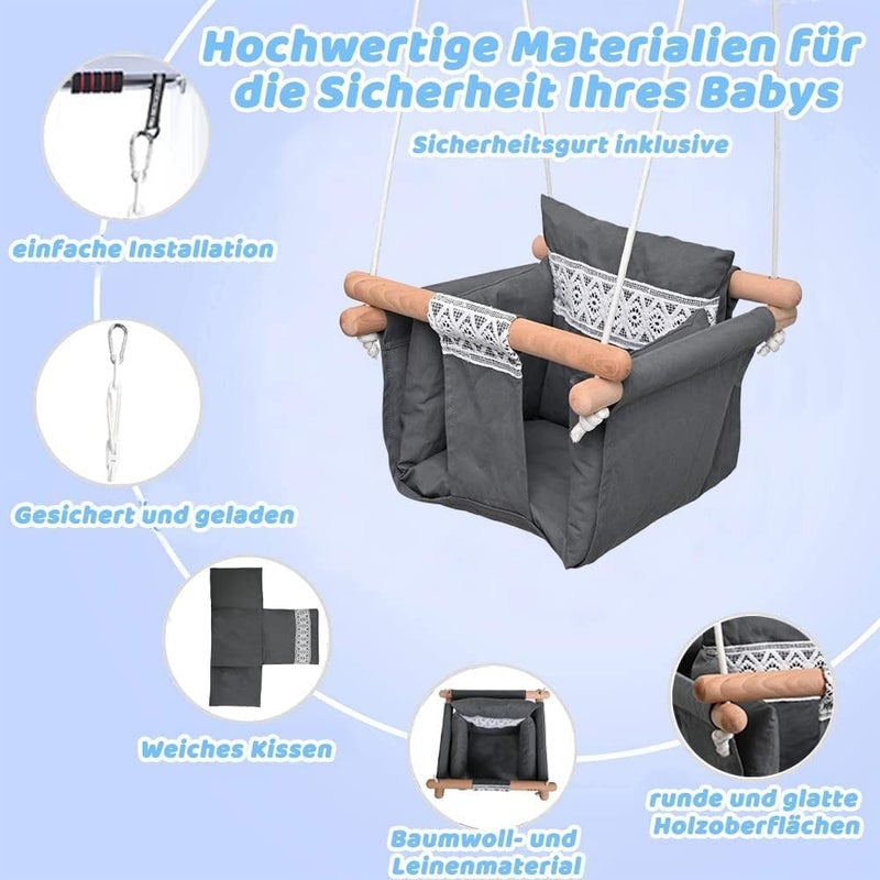 LOOKMINT Secure Baby Hanging Swing Seat Chair for Toddler Baby Swings for Infants Indoor Outdoor Hammock Toy Canvas Toddler Swing with Soft Backrest Cushion and PE Rope Baby Hammock Chair Grey - Image 5