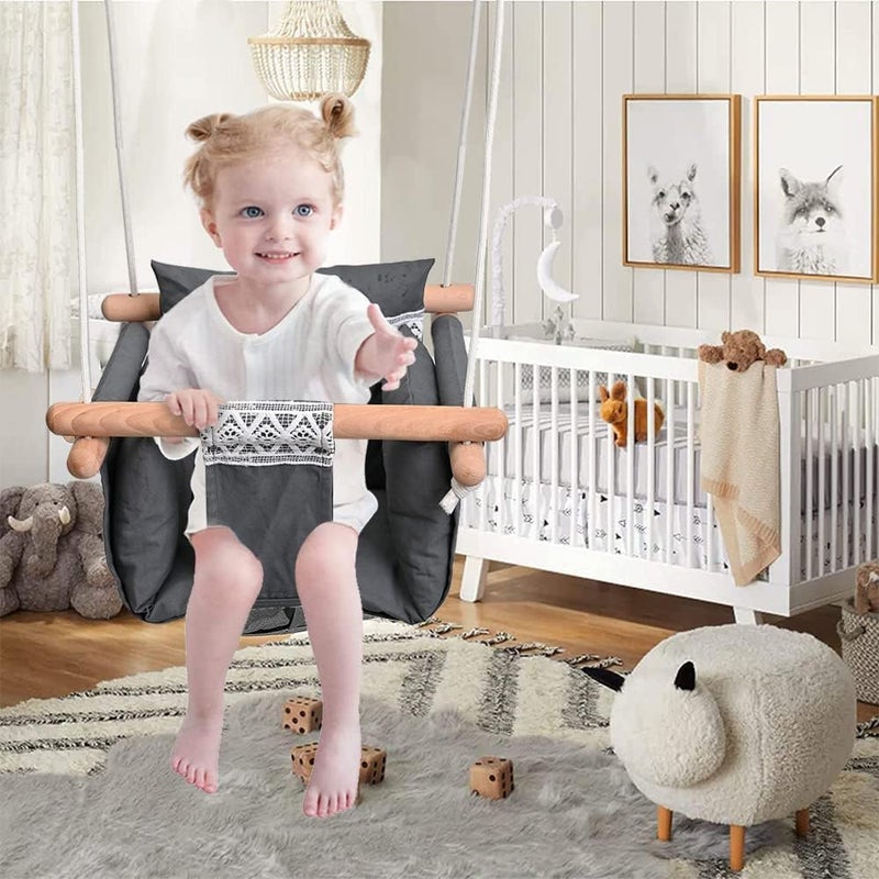 LOOKMINT Secure Baby Hanging Swing Seat Chair for Toddler Baby Swings for Infants Indoor Outdoor Hammock Toy Canvas Toddler Swing with Soft Backrest Cushion and PE Rope Baby Hammock Chair Grey - Image 2