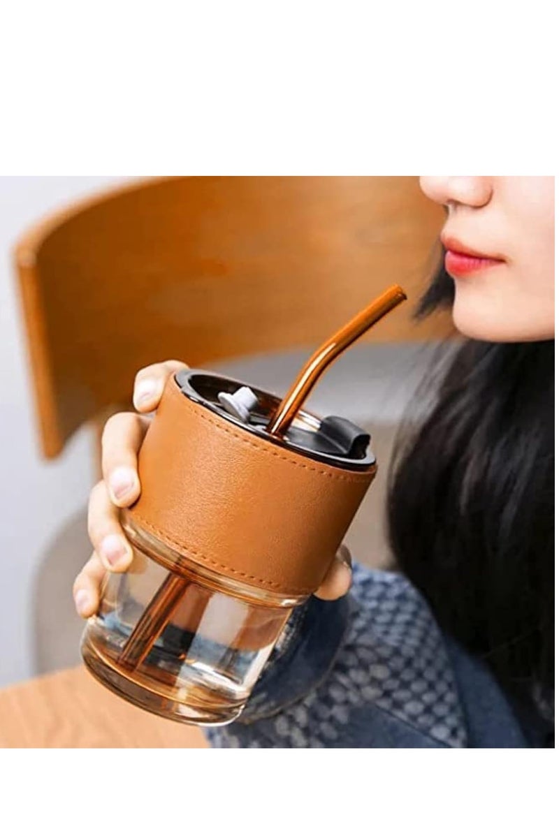 400ml Glass Mug with Straw and Lid, Mug with Leather Sleeve, Glass Coffee Mug with Straw and Spout for Direct Oral Drinking for Dual Use, Essential Travel Bottle, 400ml Glass Coffee Mug with Lid and Straw for Iced Tea, Smoothies, Cocktails, Heat Resistant with Non-Slip Leather Sleeve, 1 Pack... - Image 1