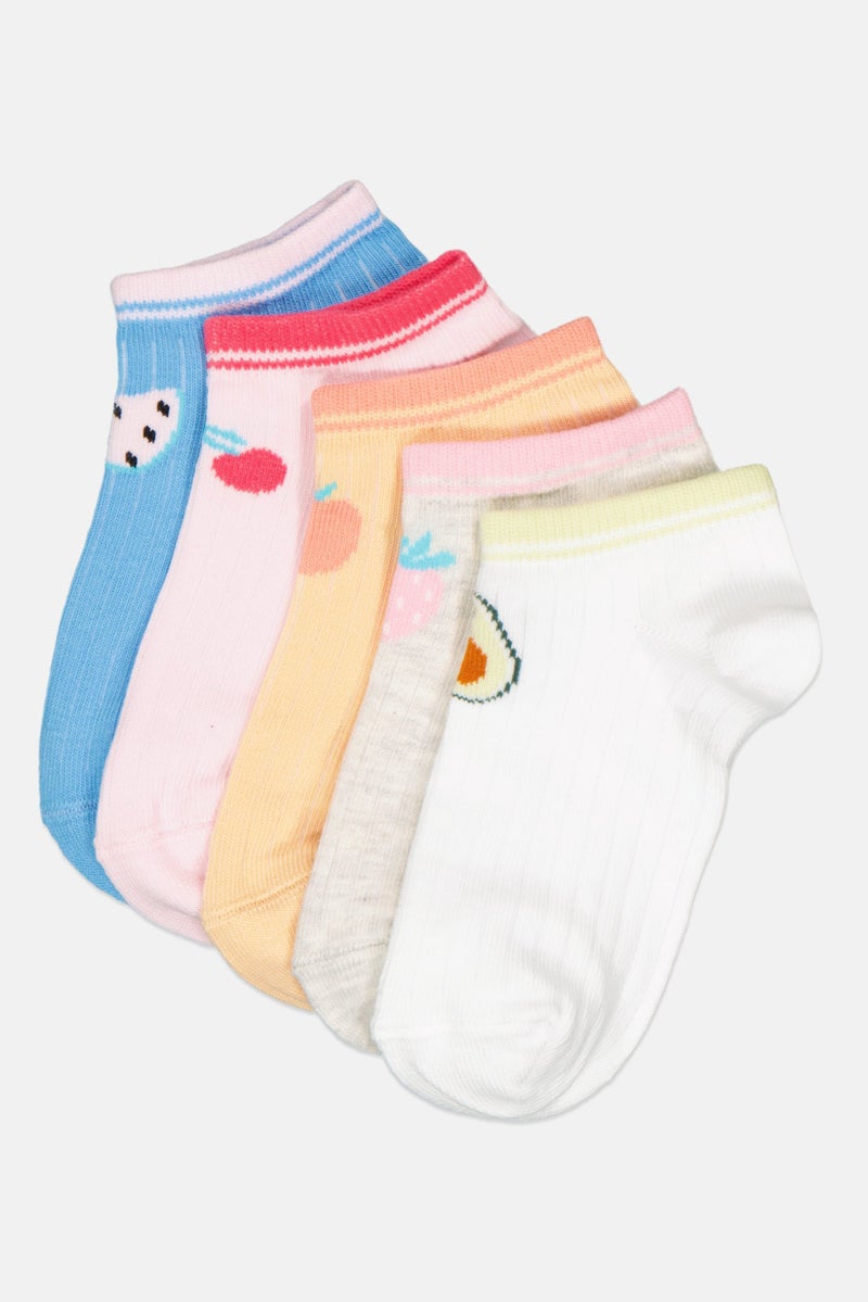 bebe Kids Girl 5 Pairs Graphic Print Ankle Socks, Multicolor - Image 1