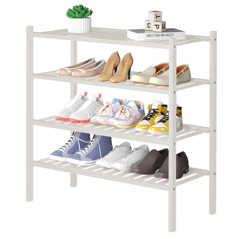 ROMGUAR CRAFT 4 Tier Bamboo Shoe Rack for Closet Free Standing Wood Shoe Shelf for Entryway Small Space Stackable 27x11x26 White