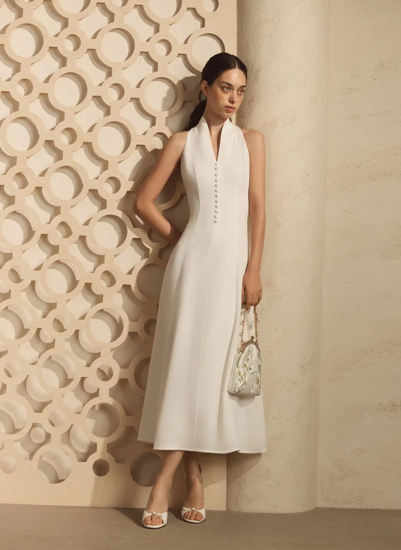 Lichi  Fitted midi dress with open shoulders and decorative buttons for Women | Best Price UAE