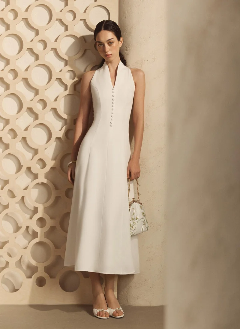 Lichi  Fitted midi dress with open shoulders and decorative buttons for Women | Best Price UAE