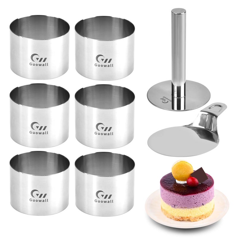 Guowall 6 pack Seamless Mousse Ring Set 3 inch Stainless Steel Round Cake Cutter Food Pastry Mold for Baking Includes 1 Lifter 1 Pusher and 6 Rings