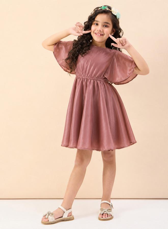 Stylo Bug Girls Solid Round Neck Half Sleeves A-Line Dress - Image 1