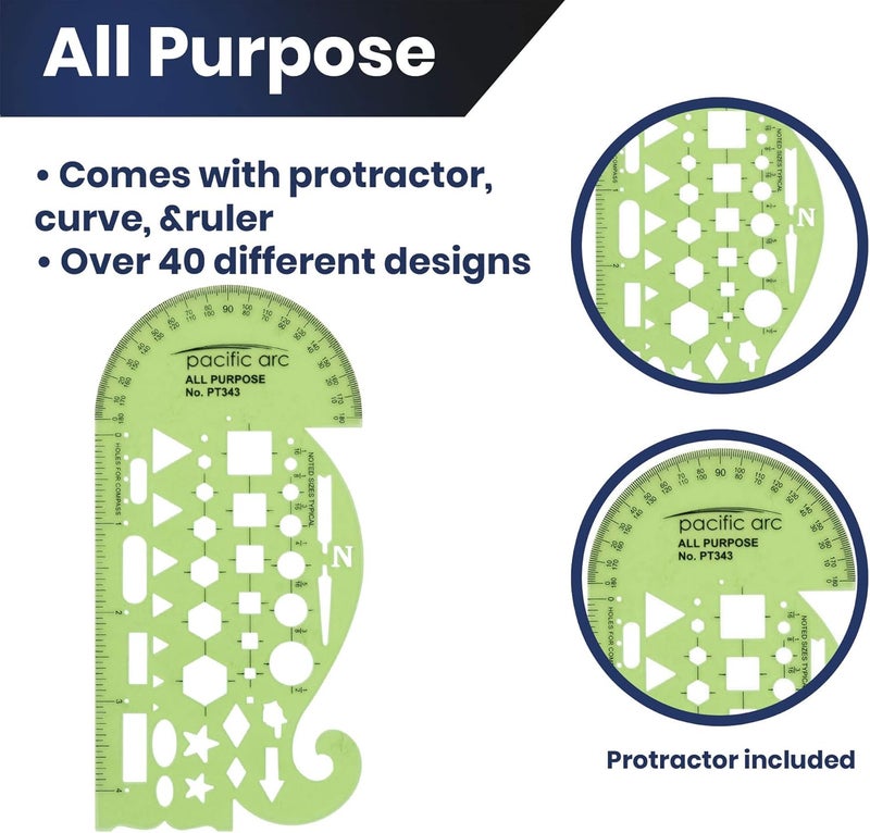Pacific Arc All Purpose Template Guide, Featuring A Protractor, 4 Inch Ruler, French Curves, and Standard Shapes - Image 2