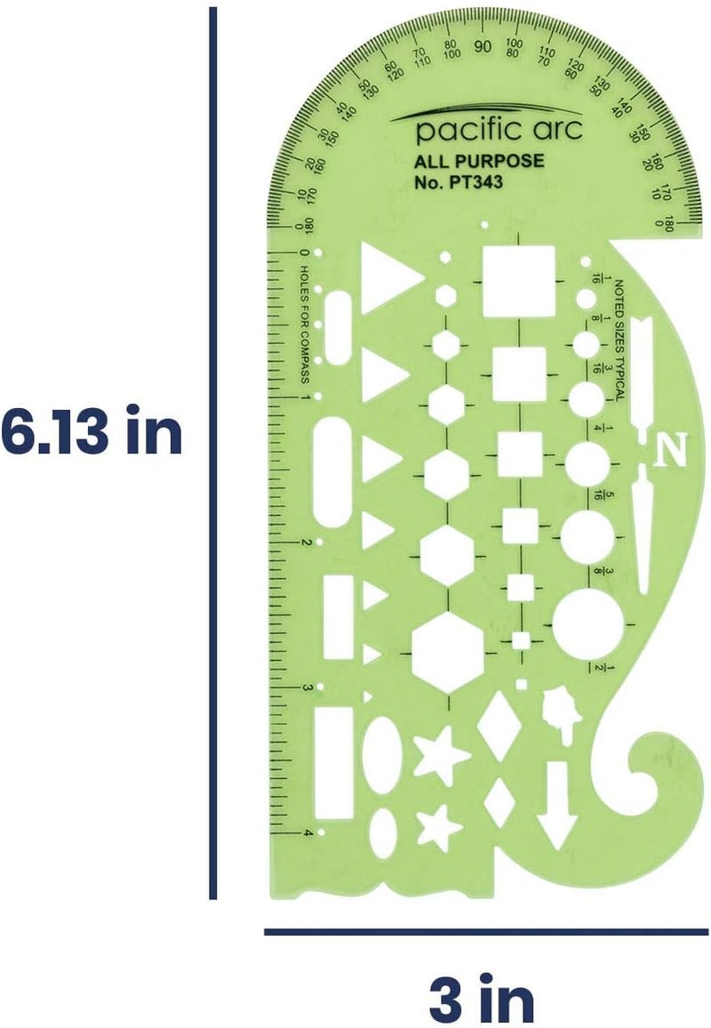Pacific Arc All Purpose Template Guide, Featuring A Protractor, 4 Inch Ruler, French Curves, and Standard Shapes - Image 1