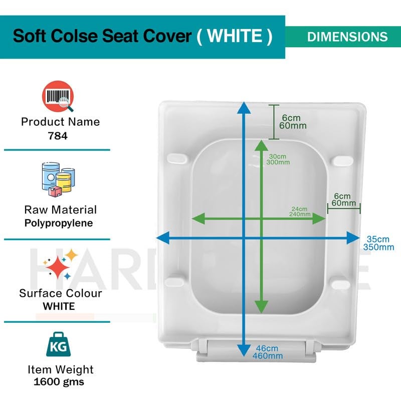 Hard Stone Plastic Toilet Seat Cover with Soft Closer Mechanism- Square Commode Seat Cover – with Sleek Design & Easy Installation with Installation Kit (46cm x 35cm, White) - Image 5
