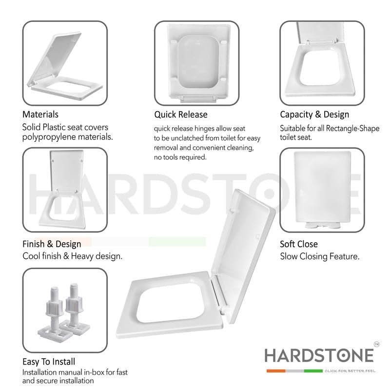 Hard Stone Plastic Toilet Seat Cover with Soft Closer Mechanism- Square Commode Seat Cover – with Sleek Design & Easy Installation with Installation Kit (46cm x 35cm, White) - Image 3