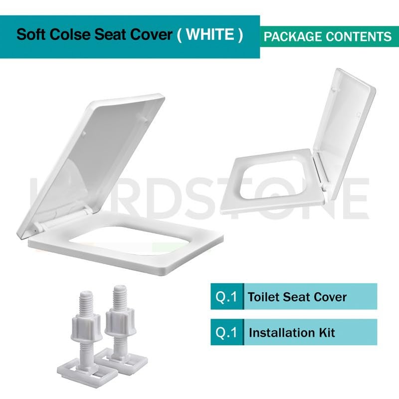 Hard Stone Plastic Toilet Seat Cover with Soft Closer Mechanism- Square Commode Seat Cover – with Sleek Design & Easy Installation with Installation Kit (46cm x 35cm, White) - Image 4
