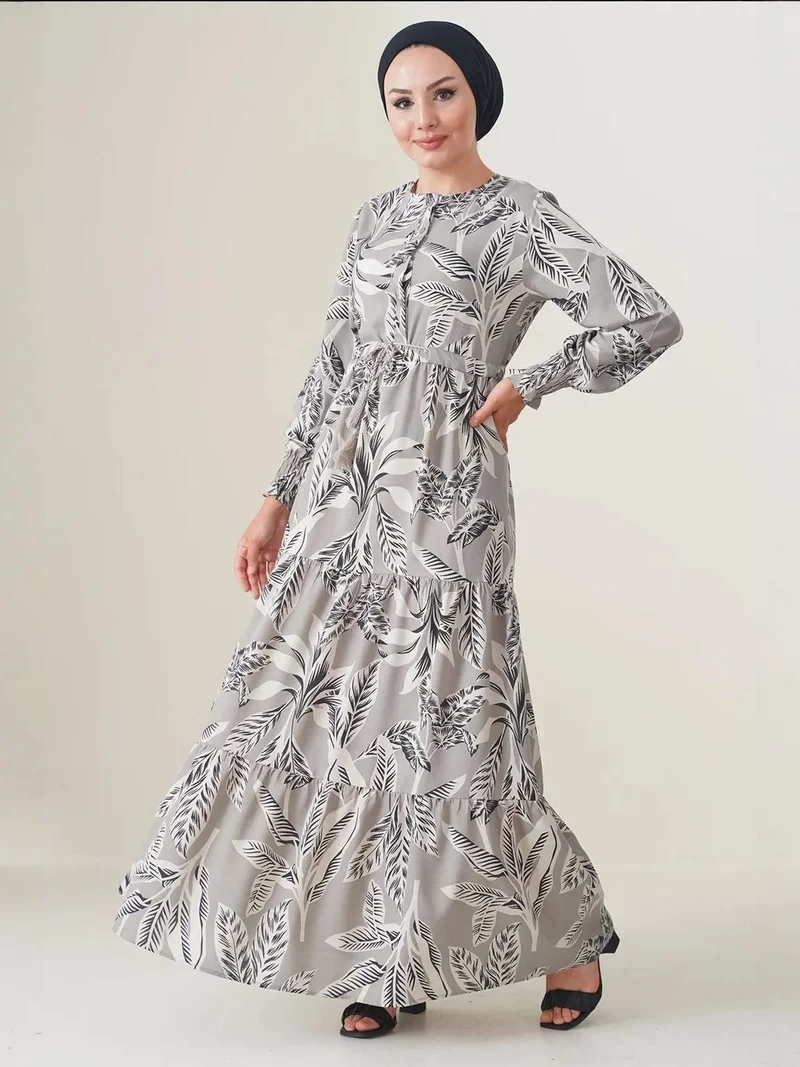 BIG DART Leaf Print Long Sleeve Tiered Maxi Dress