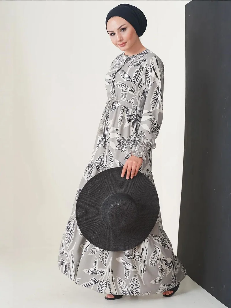 BIG DART Leaf Print Long Sleeve Tiered Maxi Dress