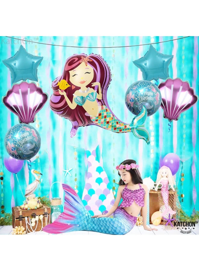 Mermaid Birthday Party Decorations for Girls - 7pcs Big Foil Mermaid Balloons and Seashell Balloons | Happy Birthday Mermaid Tail Balloons | Mermaid Theme Party Supplies | Under the Sea Birthday Balloons - Image 2