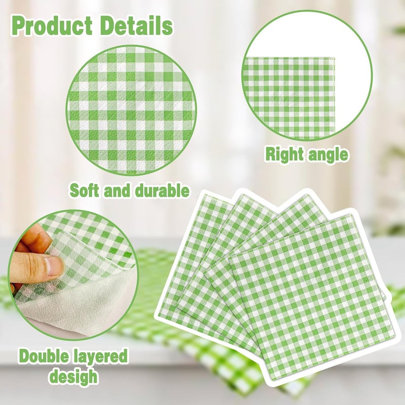 FLOWERCAT 100-Count 2-Ply Green Checkered Cocktail Napkins Gingham - Green and White Checkered Napkins Disposable Premium Quality - 5" x 5" Paper Napkins for Easter Party,Bar,Weddings - Image 3