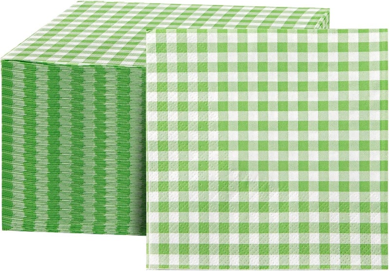 FLOWERCAT 100-Count 2-Ply Green Checkered Cocktail Napkins Gingham - Green and White Checkered Napkins Disposable Premium Quality - 5" x 5" Paper Napkins for Easter Party,Bar,Weddings - Image 1
