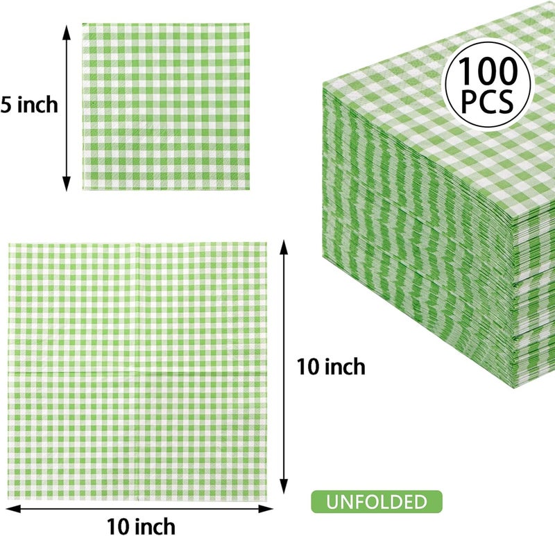FLOWERCAT 100-Count 2-Ply Green Checkered Cocktail Napkins Gingham - Green and White Checkered Napkins Disposable Premium Quality - 5" x 5" Paper Napkins for Easter Party,Bar,Weddings - Image 2