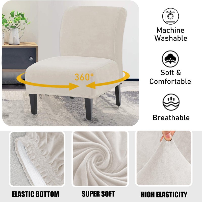 UCCONO Armless Accent Chair Slipcovers, Thick Velvet Slipper Accent Chair Covers Hotel Oversized Big Chairs, Removable Furniture Protector with Elastic Bottom, Machine Washable (Ivory) - Image 3