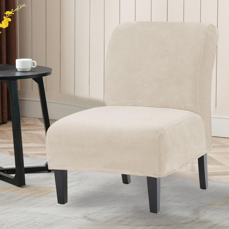 UCCONO Armless Accent Chair Slipcovers, Thick Velvet Slipper Accent Chair Covers Hotel Oversized Big Chairs, Removable Furniture Protector with Elastic Bottom, Machine Washable (Ivory) - Image 2