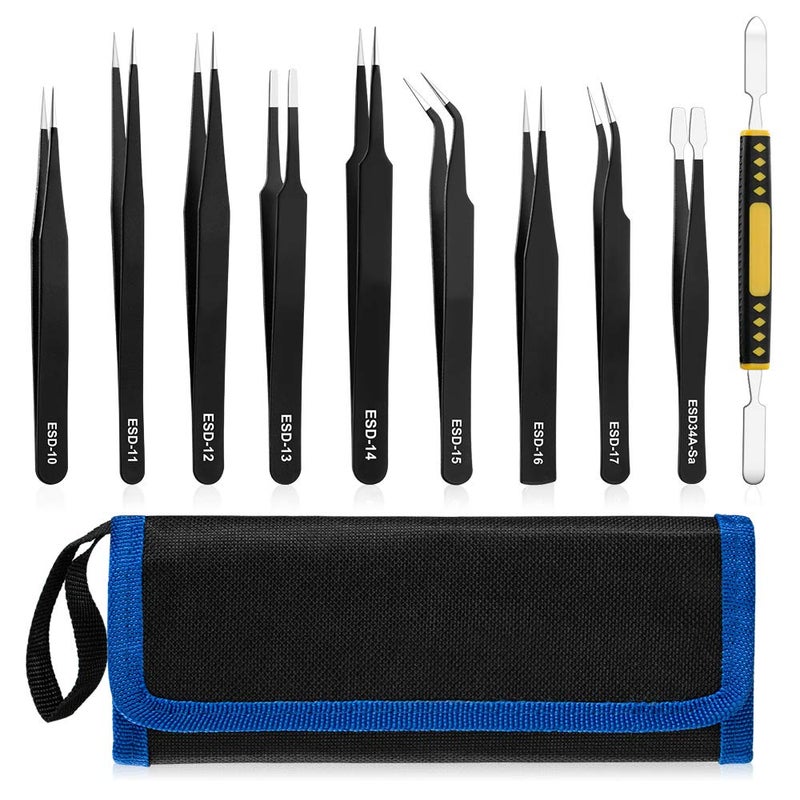 UUBAAR 10 PCS Precision Tweezers Set, Stainless Steel ESD Anti-Static Tweezers Kit for Electronics Soldering, Jewelry-Making, Laboratory & Crafts - Includes Storage Bag - Image 1