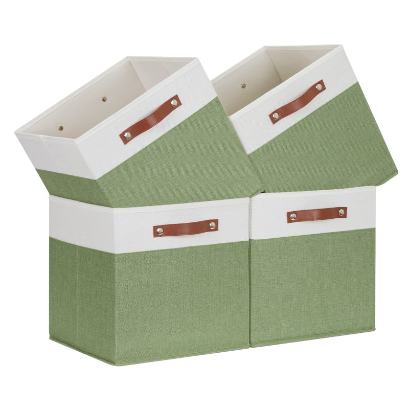 Temary 13 Inch Cube Storage Bin 4 Pack Fabric Storage Cubes Fabric Storage Bin for Shelf Cube Storage Basket with Leather HandlesWhiteGreen