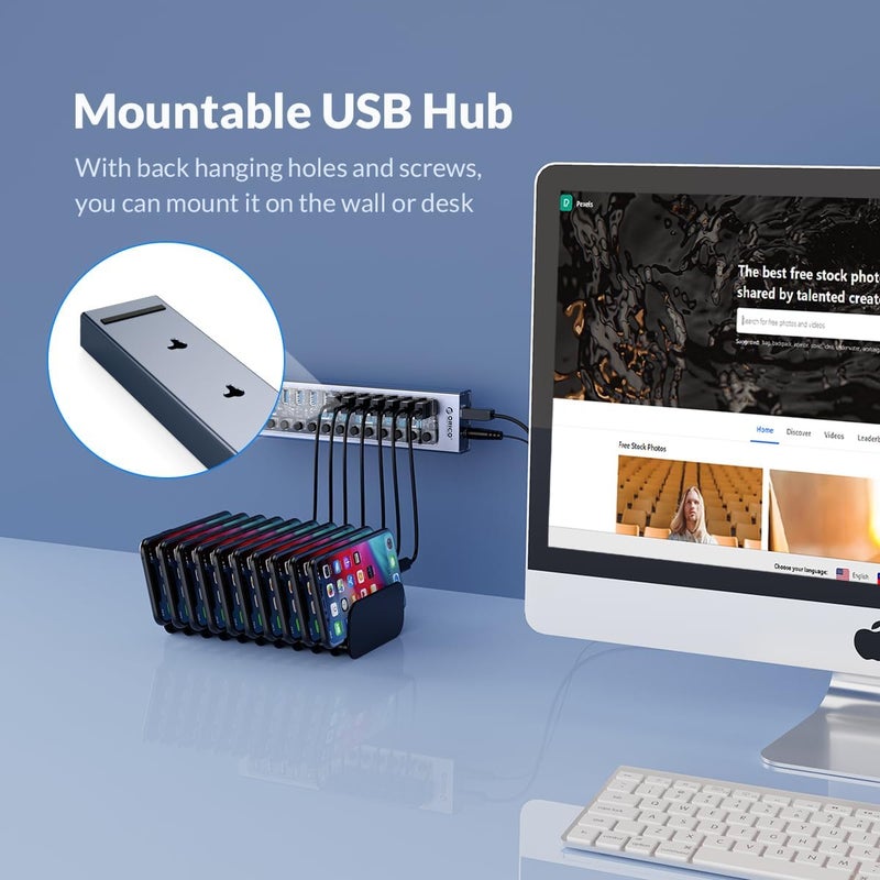 Orico USB Hub 3.0 Powered 13 Ports USB Data Hub with 12V5A Power Adapter, Individual Power Switches, and LEDs, USB Extension for iMac Pro, MacBook Air/Mini, PS4, Surface Pro, Notebook PC, Laptop - Image 4