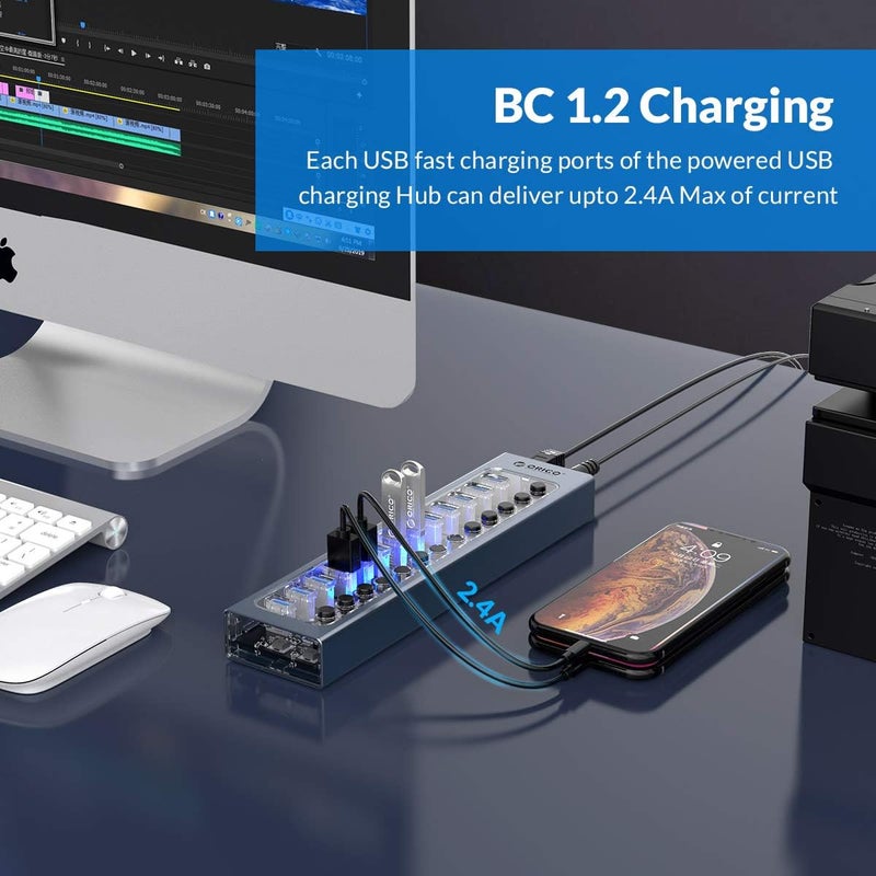 Orico USB Hub 3.0 Powered 13 Ports USB Data Hub with 12V5A Power Adapter, Individual Power Switches, and LEDs, USB Extension for iMac Pro, MacBook Air/Mini, PS4, Surface Pro, Notebook PC, Laptop - Image 5