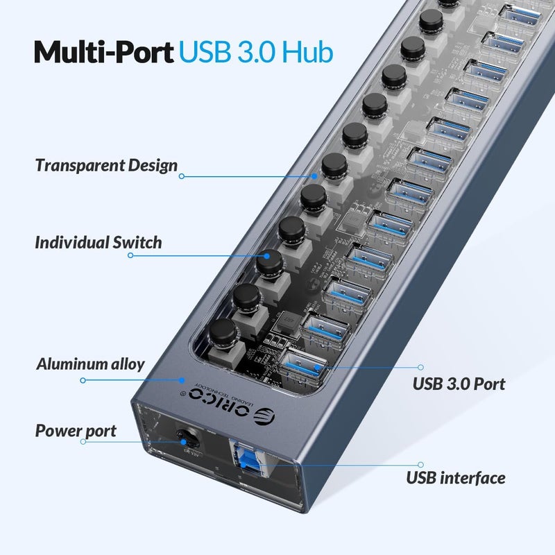 Orico USB Hub 3.0 Powered 13 Ports USB Data Hub with 12V5A Power Adapter, Individual Power Switches, and LEDs, USB Extension for iMac Pro, MacBook Air/Mini, PS4, Surface Pro, Notebook PC, Laptop - Image 2