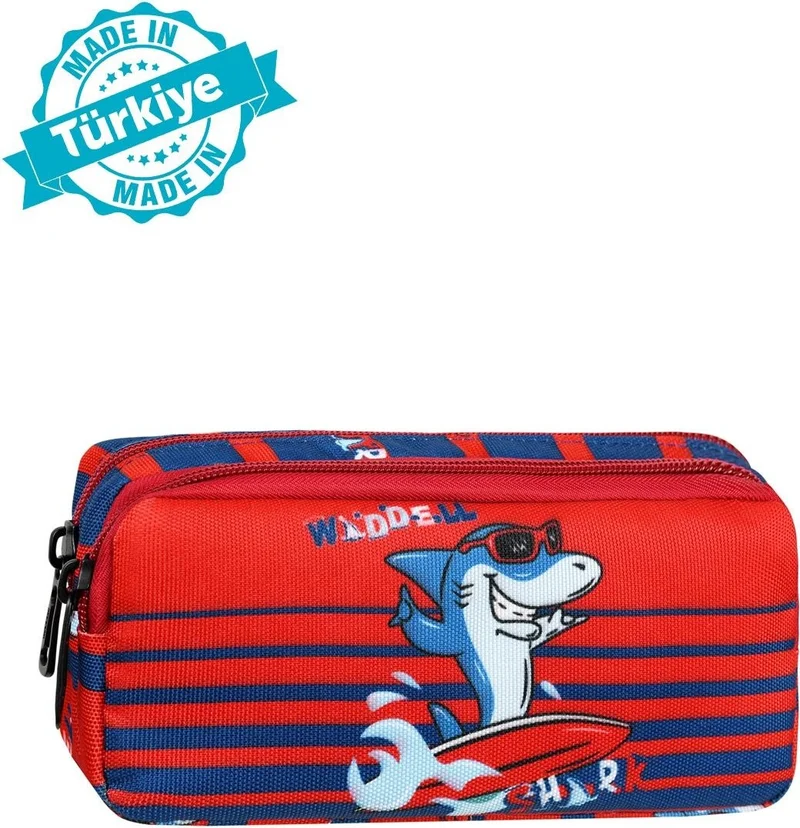 Waddell Licensed Navy Blue-Red Shark Patterned 2 Pocket Pencil Case