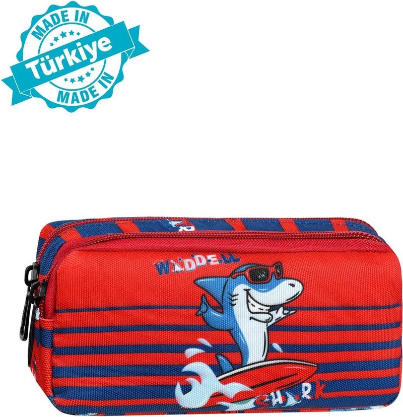 Waddell Licensed Navy Blue-Red Shark Patterned 2 Pocket Pencil Case - Image 1