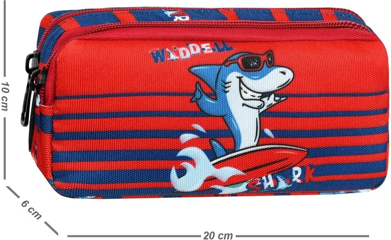 Waddell Licensed Navy Blue-Red Shark Patterned 2 Pocket Pencil Case