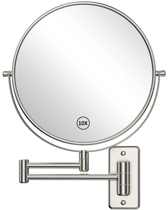 9 LARGE SIZE WALL MOUNTED MAKEUP VANITY MIRROR 1X10X MAGNIFYING DOUBLE SIDED SHAVING MIRROR FOR BATHROOM 360 SWIVEL EXTENDABLE ARM NICKEL FINISH