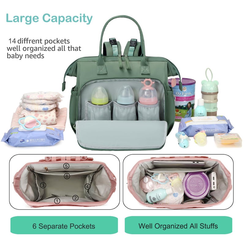 LORADI Convertible Diaper Bag Tote, Wide Open Top 14 Pockets Stylish Baby Diaper Bag with Stroller Buckle, Water-resistant (Green, Large) - Image 2
