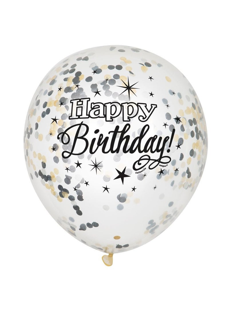Unique Happy Birthday Confetti Balloons Black Silver Gold 30 cm 6-Pack