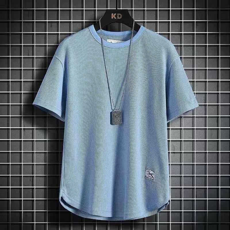 Japanese Style Simple Korean Style Round Neck T-Shirt Men'S Half Sleeve Shirt Waffle Short Sleeve T-Shirt Men'S Large Size Loose - Image 5