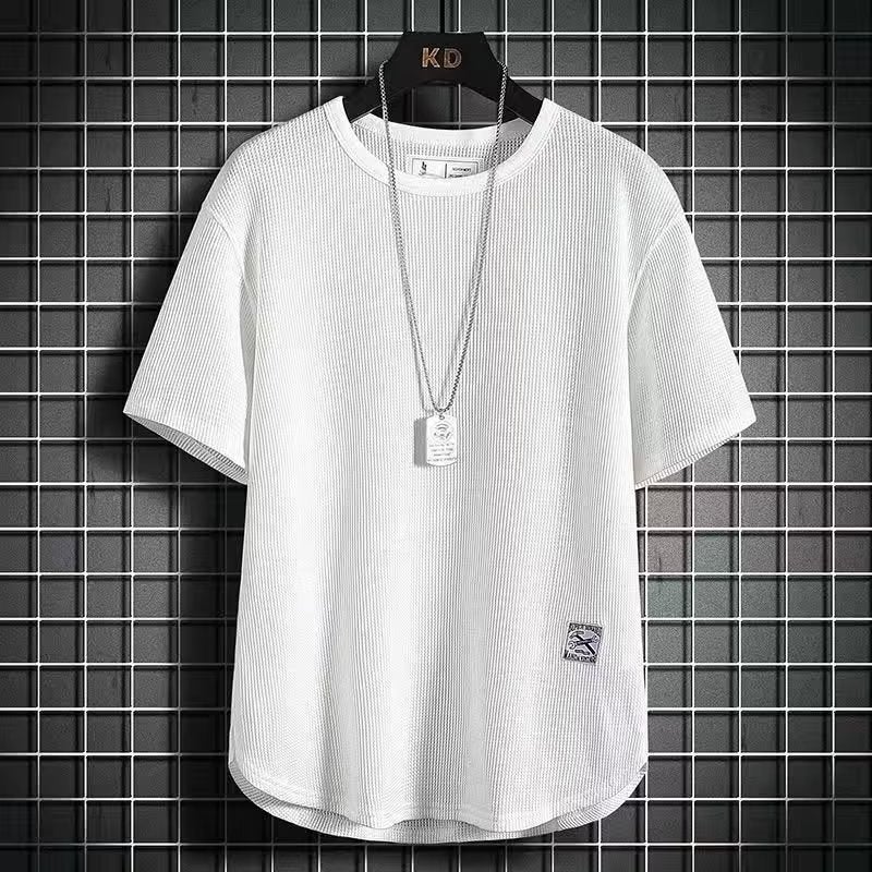 Japanese Style Simple Korean Style Round Neck T-Shirt Men'S Half Sleeve Shirt Waffle Short Sleeve T-Shirt Men'S Large Size Loose - Image 3