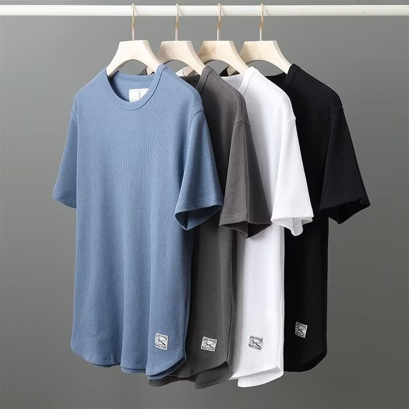 Japanese Style Simple Korean Style Round Neck T-Shirt Men'S Half Sleeve Shirt Waffle Short Sleeve T-Shirt Men'S Large Size Loose - Image 2