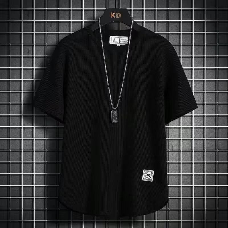 Japanese Style Simple Korean Style Round Neck T-Shirt Men'S Half Sleeve Shirt Waffle Short Sleeve T-Shirt Men'S Large Size Loose - Image 4