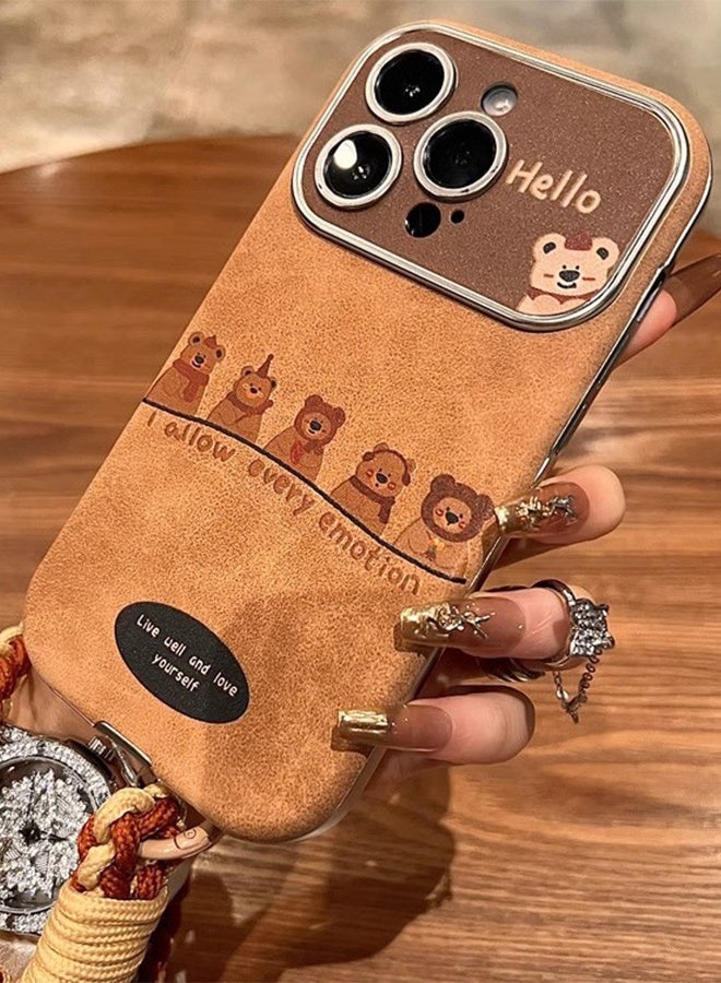 SUNDAREE Designed for iPhone Case, Cute PU Leather 3D Bear with Hand Bracelet Camera Lens Silicone Shockproof Protective Cover Phone Case (iPhone 17 Pro Max Case, Brown) - Image 2
