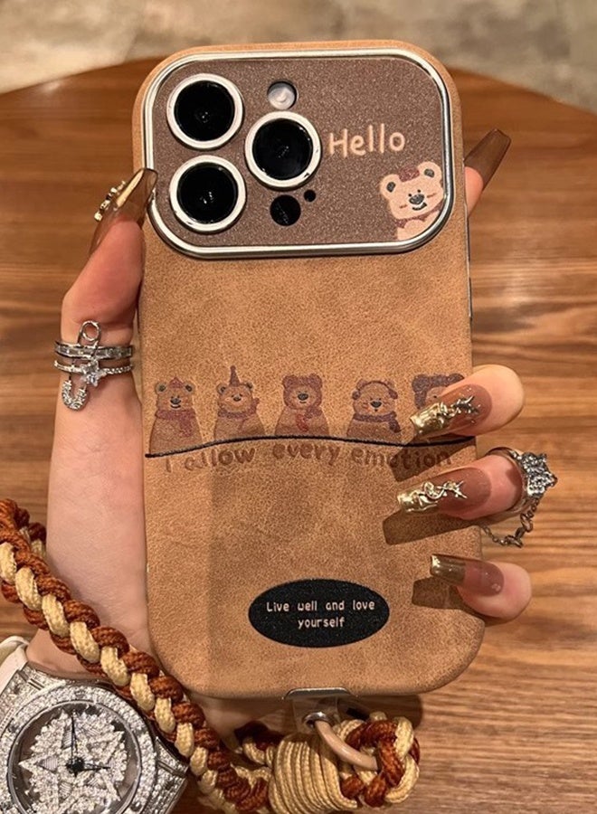 SUNDAREE Designed for iPhone Case, Cute PU Leather 3D Bear with Hand Bracelet Camera Lens Silicone Shockproof Protective Cover Phone Case (iPhone 17 Pro Max Case, Brown) - Image 3