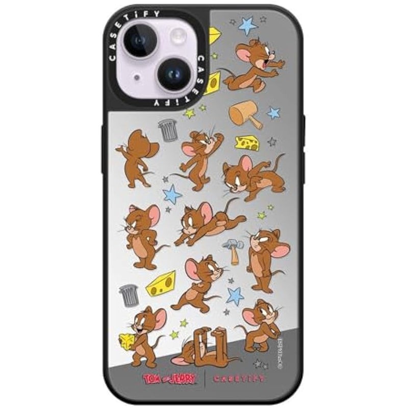 Casetify Mirror Case for iPhone 14 【Tom and Jerry Colab/Reflective / 4.9ft Drop Protection/Compatible with Magsafe】 - Jerry Pattern - Silver on Black - Image 1