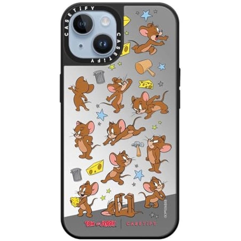 Casetify Mirror Case for iPhone 14 【Tom and Jerry Colab/Reflective / 4.9ft Drop Protection/Compatible with Magsafe】 - Jerry Pattern - Silver on Black - Image 3