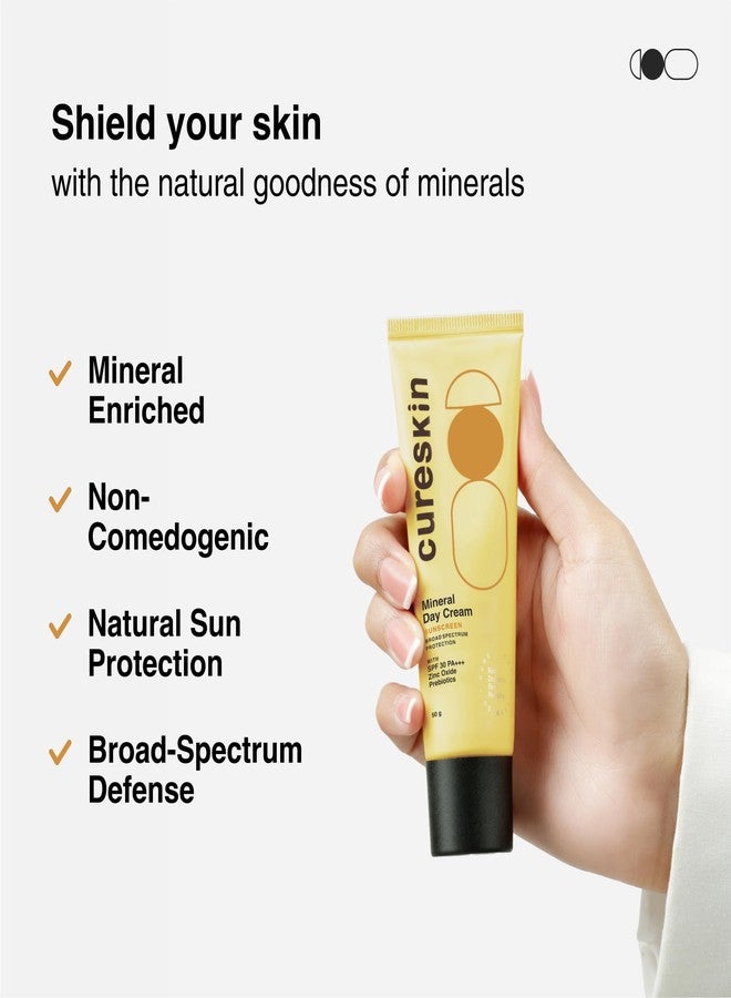 Cureskin كريم كيورسكين المعدني النهاري الواقي من الشمس بلمسة نهائية غير لامعة، عامل حماية من الشمس 30 PA+++ | حماية واسعة النطاق من أشعة الشمس (UVA، UVB، والأشعة تحت الحمراء) | أكسيد الزنك مع البريبايوتكس، 50 غرام (عبوة واحدة) - Image 2