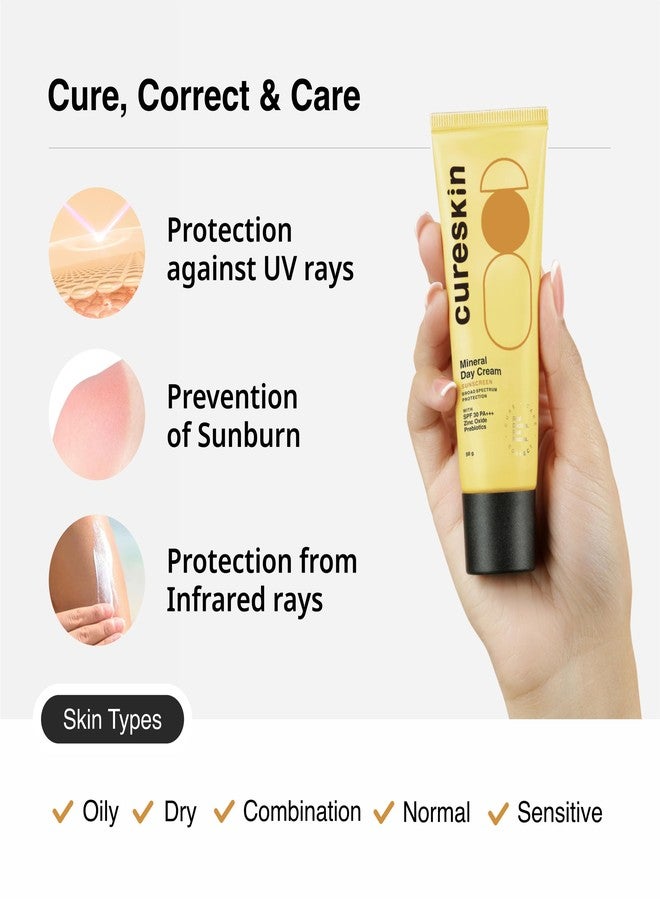 Cureskin كريم كيورسكين المعدني النهاري الواقي من الشمس بلمسة نهائية غير لامعة، عامل حماية من الشمس 30 PA+++ | حماية واسعة النطاق من أشعة الشمس (UVA، UVB، والأشعة تحت الحمراء) | أكسيد الزنك مع البريبايوتكس، 50 غرام (عبوة واحدة) - Image 4