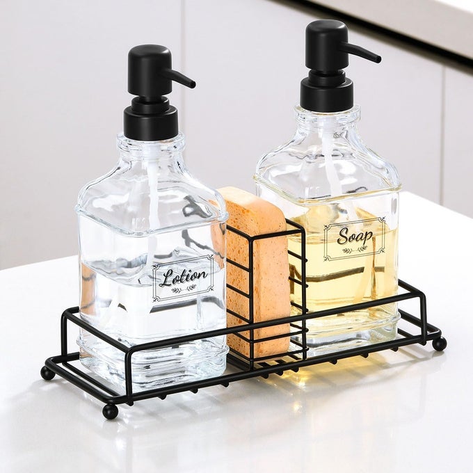 KITCHEN SOAP DISPENSER SET HAND AND DISH SOAP DISPENSER WITH TRAY 2PACK THICK GLASS DISH DISPENSER FOR KITCHEN BATHROOM SOAP AND LOTION DISPENSER SET KIT WITH PUMP