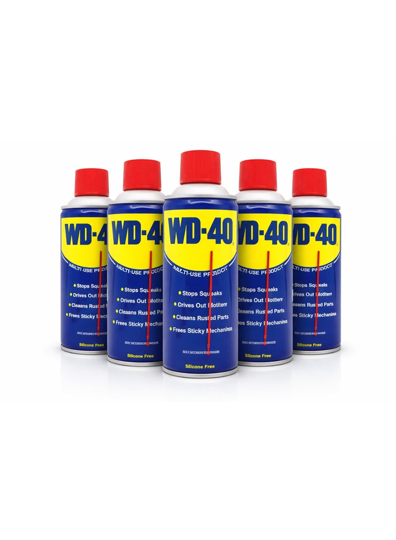دبليو دي-40 مجموعة WD-40 مكونة من 5 قطع، منتج متعدد الاستخدامات، 330 مل، بخاخ متعدد الاستخدامات، مزيل للصدأ ومزلق، يقلل الاحتكاك، يفك الأجزاء العالقة، يحمي المعدن، ويزيل الرطوبة. - Image 1