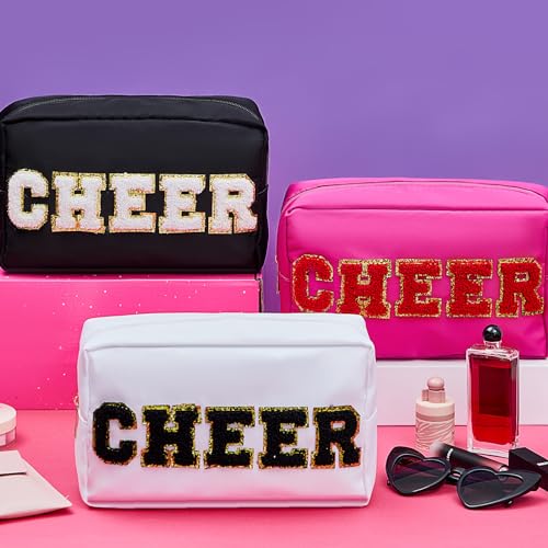 Clysee 6 Pcs Cheer Makeup Bag Chenille Cosmetic Bag with Letter Patches Waterproof Portable Cheerleader Toiletry Zipper Pouch for Girls Women Teachers Appreciation Gifts Pastel Colors - Image 3